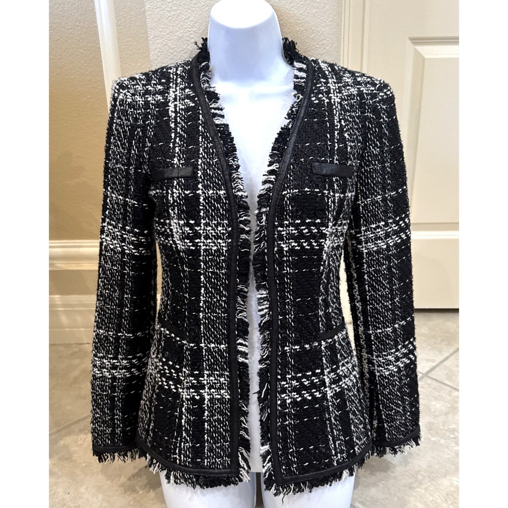 BOSTON PROPER Black & White Tweed Open Jacket Sz 2 Career to Party Luxe‎